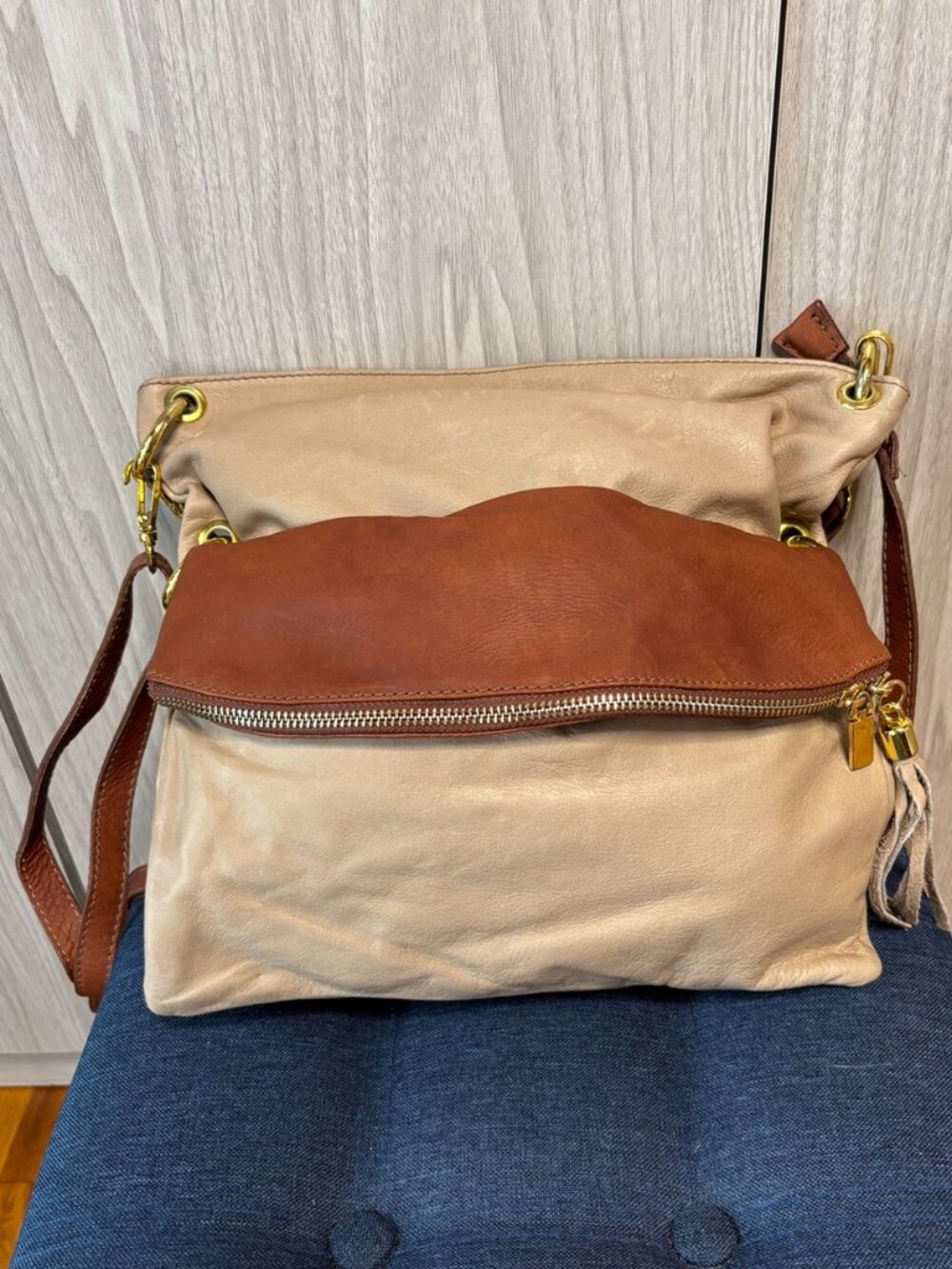 Italian Leather Hobo Crossbody Bag | Beige & Cognac | Made in Italy | Genuine Le